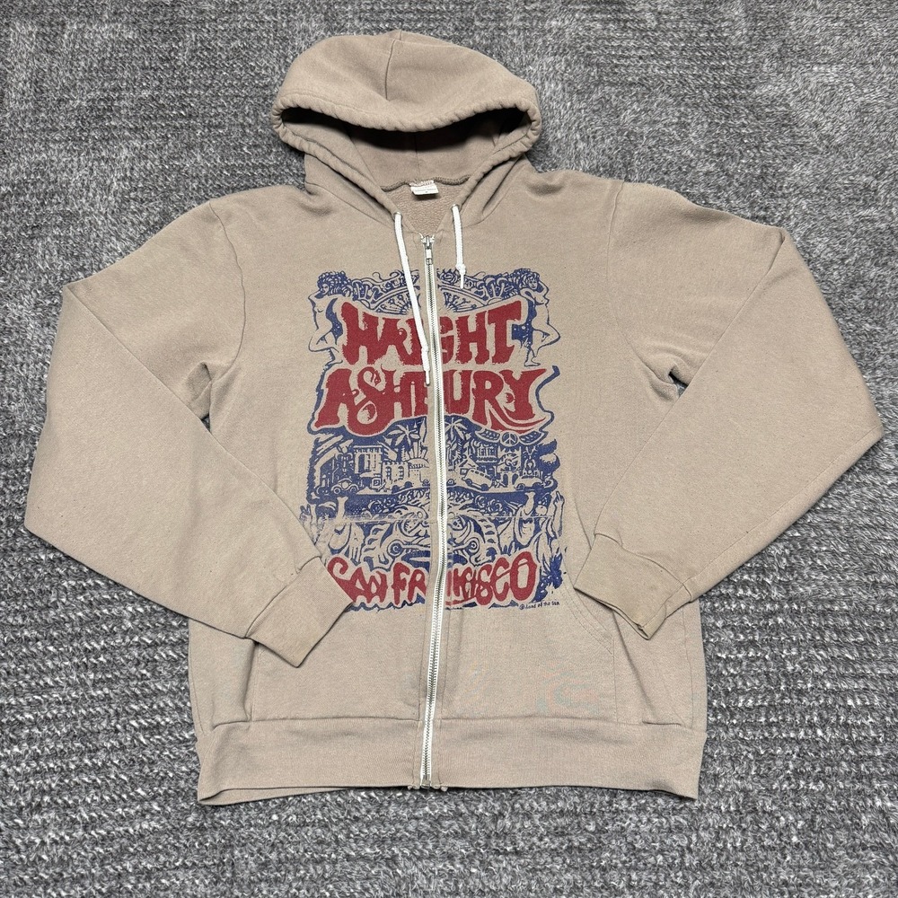 VTG American Apparel Hoodie Full Zip M Tan Haight Ashbury San Francisco Graphic